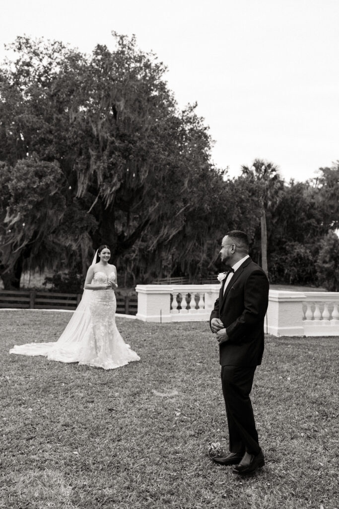 first look with dad and bride on wedding day in Florida