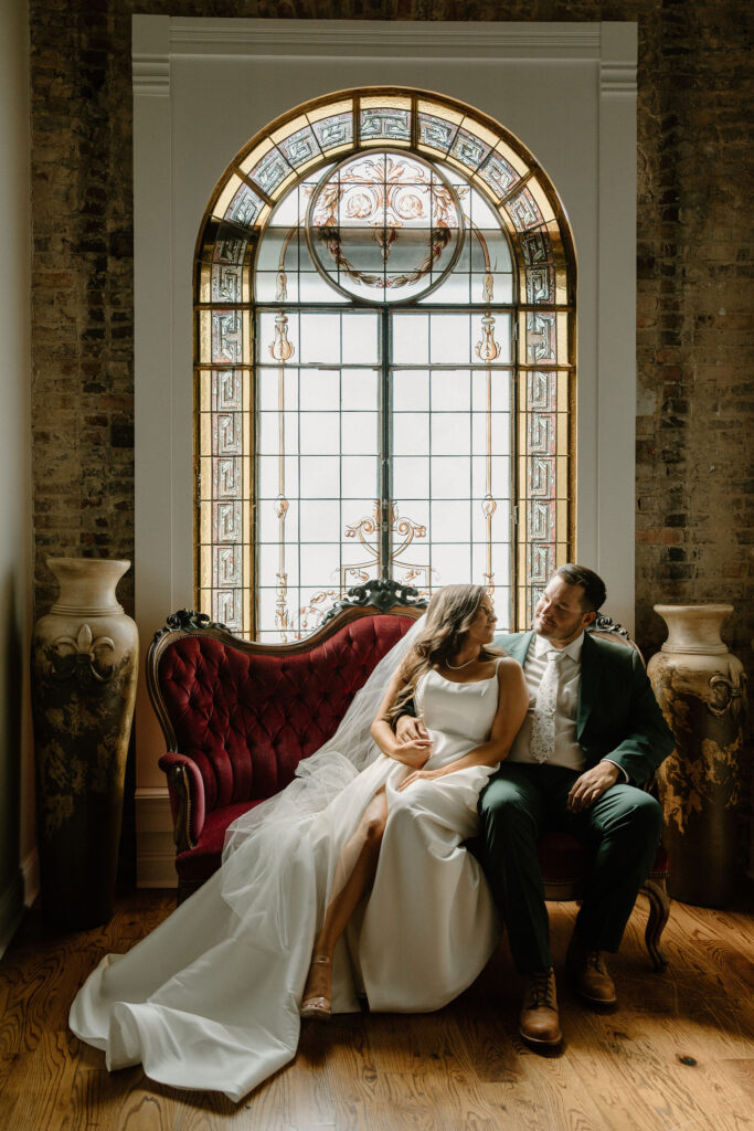 indoor bride and groom portraits on couch