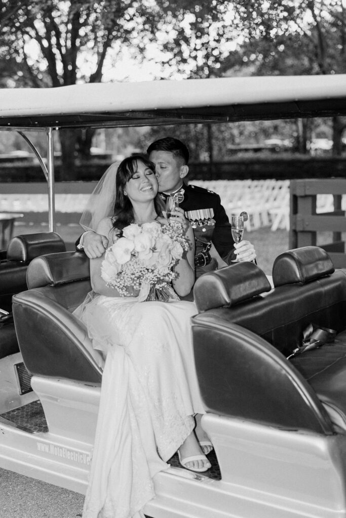 bride and groom in vintage getaway car
