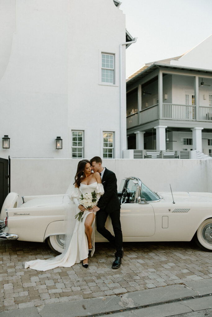 documentary style elopement photos and editorial elopement photos with vintage car