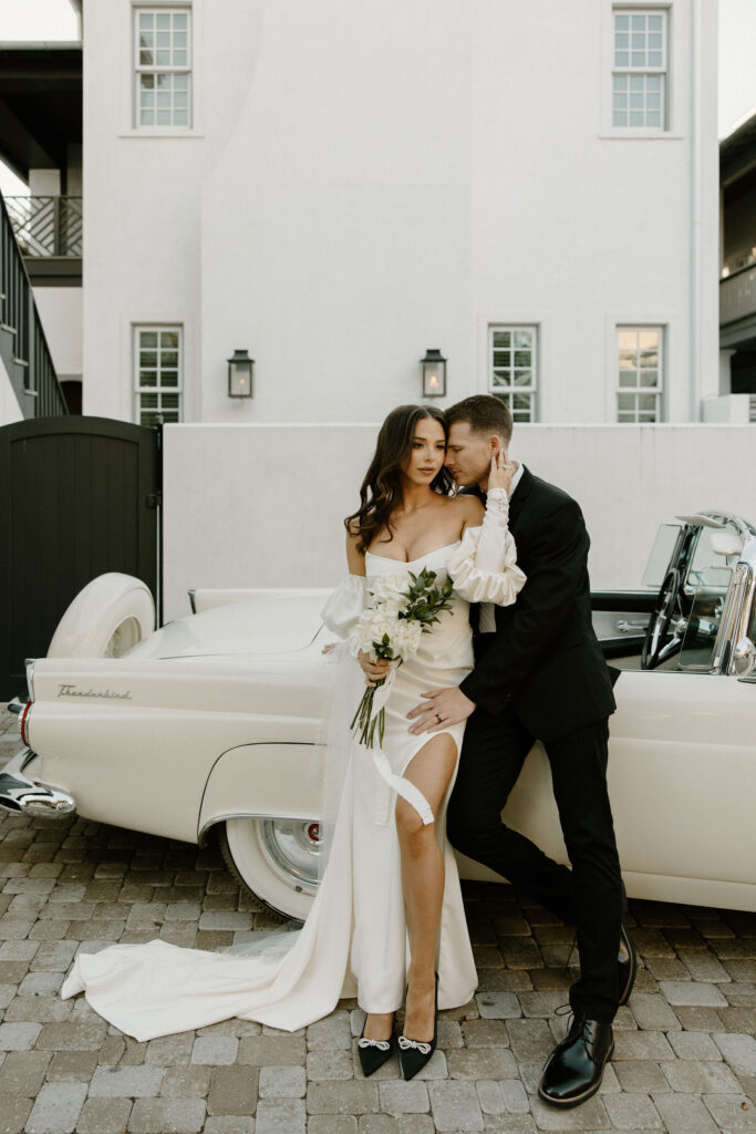 documentary style elopement photos and editorial elopement photos with vintage car