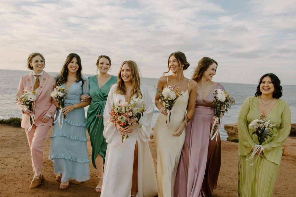 mismatch bridesmaid dresses sunset cliffs san diego california wedding day